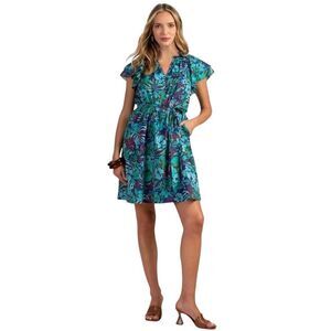 Trina Turk Zandy Tropical Floral Cotton Mini Dress Tie Waist Blue Green L NEW